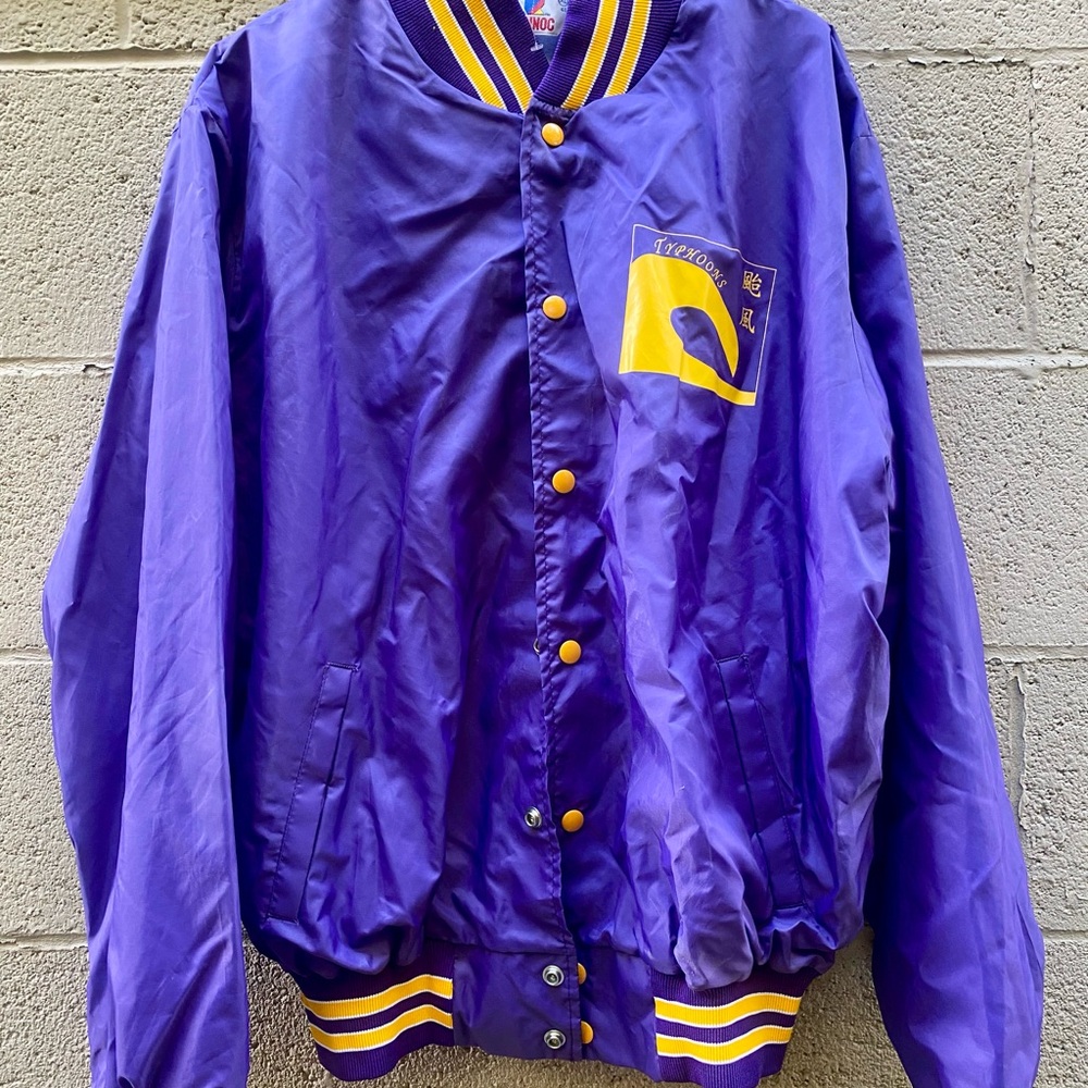 Rennoc Purple Varsity Jacket with Yellow Stripes - Team Name Typhoons